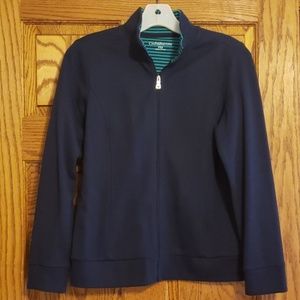 Navy knit zip up jacket.